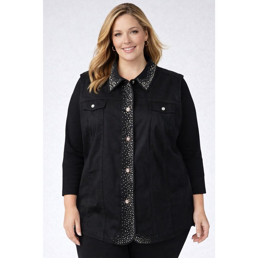 Quacker Factory Black Rhinestone Studded Vest 3X Western Glam Denim Style